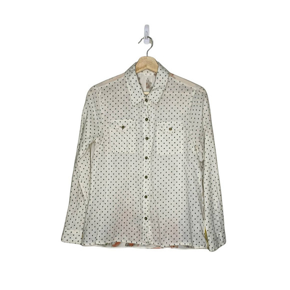 EN Creme Multi Print Blouse Womens Small S Button Up Roll Tab High Low Colorful - Picture 12 of 12